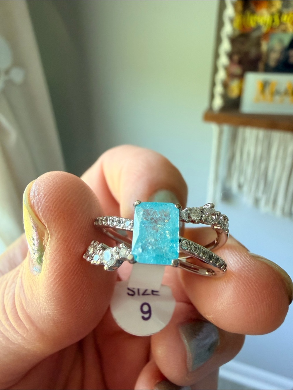 Bomb Party Aqua Blue Rectangular Crystal Ring with Pavé Accent - Size 9